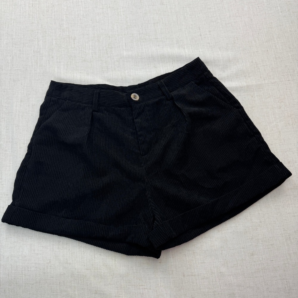 SHEIN Corduroy Shorts Women Large Black High Waisted Pleated Cuffed Retro Indie